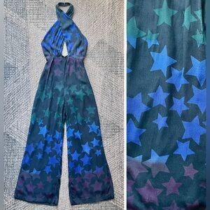 Rare MARA HOFFMAN Starblast Jumpsuit Blue Cross Halter Neck Wide Leg Star Print